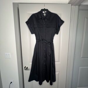 Black Buttoned Tie Front Midi Dress